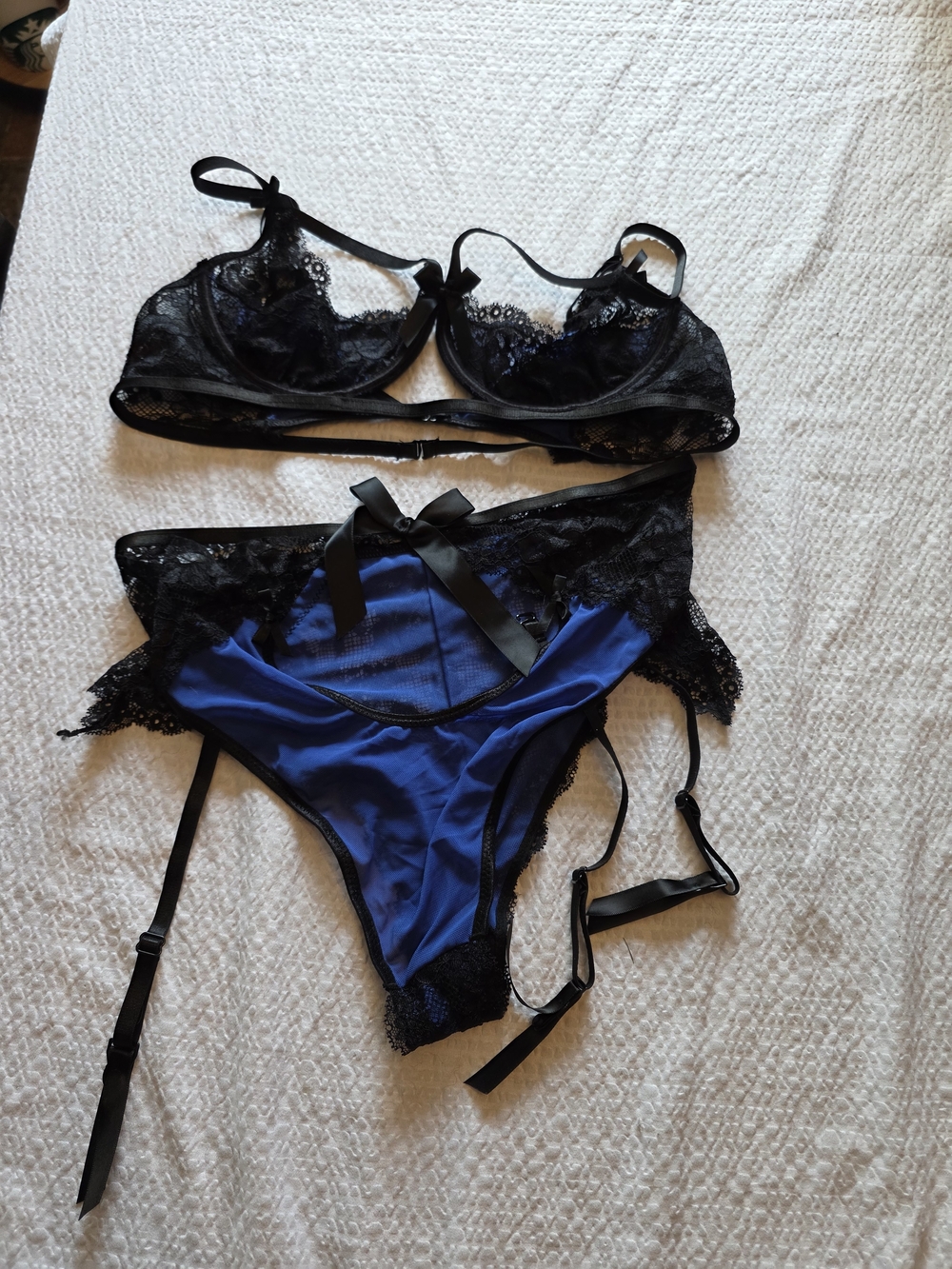 Yandy Black Lace & Blue Satin Lingerie Set Nwot